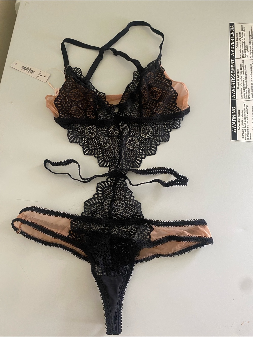 Adore Me Black Lace over Blush Mesh Lace Teddy Bodysuit